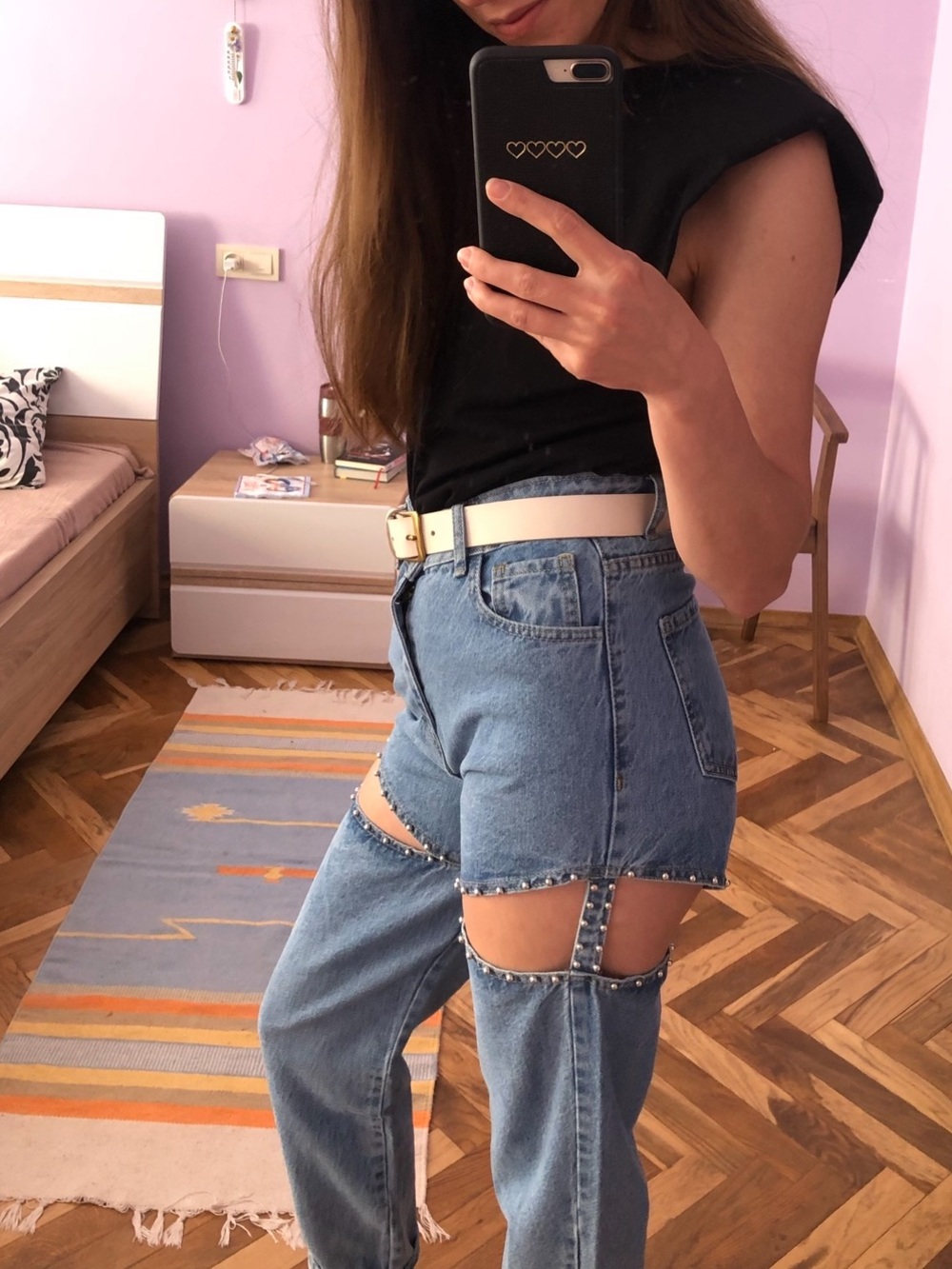 High-Waist Cutout Light Blue Jeans with Stud Trim
